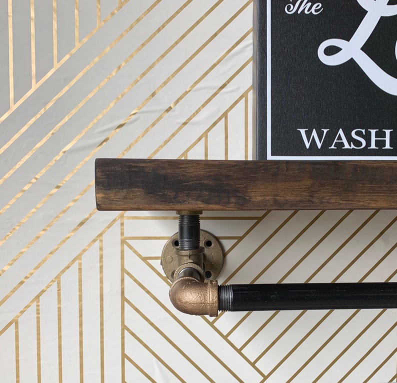 Rustic Wood Shelf with Brass Fittings and Iron Drying Rack image 4