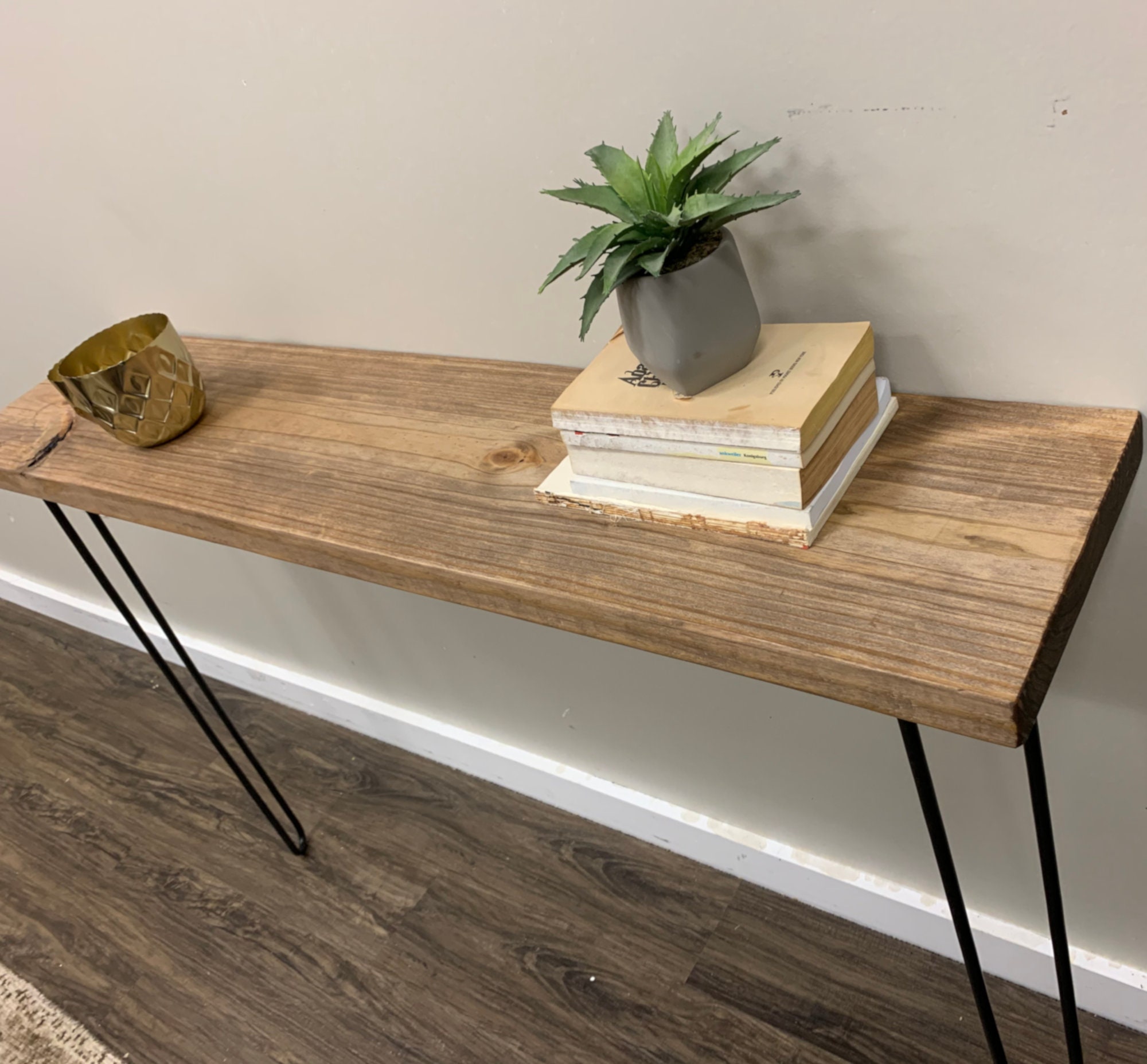 Live Edge Walnut Narrow Wall Mounted Console Table with Hairpin Legs