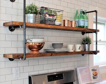 Rustic Farmhouse Pipe Wall Unit, Floating Open Kitchen Shelves, Industrial Floating Long Wood Shelves, Farmhouse Pipe Shelves, Bookcase