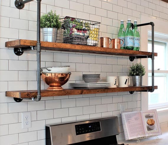 Long Rustic Floating Shelf, Farmhouse Rustic Shelve, Wood and Pipe