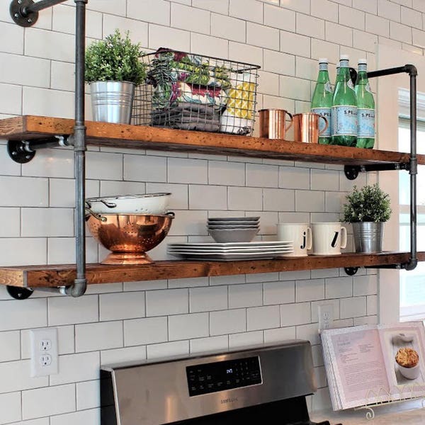 Rustic Farmhouse Pipe Wall Unit, Floating Open Kitchen Shelves, Industrial Floating Long Wood Shelves, Farmhouse Pipe Shelves, Bookcase
