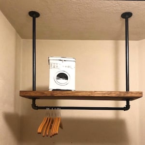 Rustic Hanging Laundry Room Shelf with Pipe Clothes Rack
