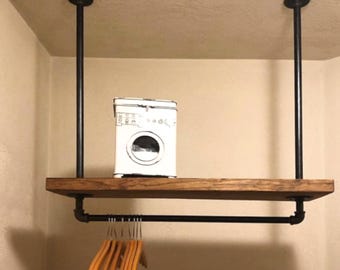 Rustic Hanging Laundry Room Shelf with Pipe Clothes Rack