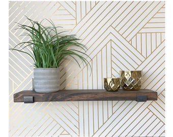Rustic Modern Minimalist Floating Shelf: Solid Pine Wood with J Brackets, Eco-Friendly Shelving Solution.