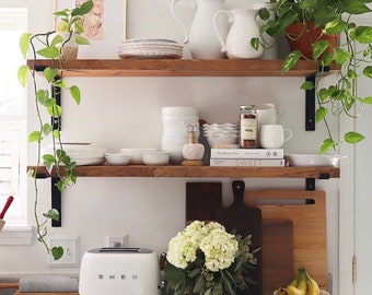 Rustic Floating Shelf, Industrial Iron Bracket with Wooded Shelf, Kitchen Shelf, Farmhouse Shelving, Open Shelf for Plant Window Display