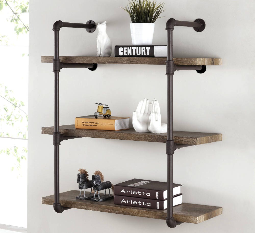 Industrial wall shelving unit Farmhouse Plank Wood shelves Etsy