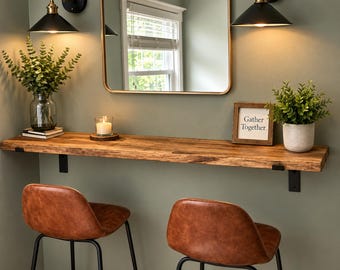 Rustic Pine Wood Floating Shelf: Farmhouse L Bracket Wall Desk - Heavy Duty Narrow Desk