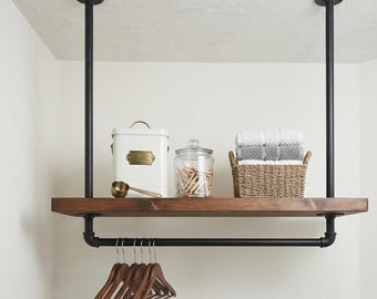 Rustic Hanging Laundry Room Shelf with Pipe Clothes Rack