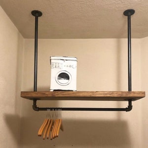 Laundry Room Storage Rack, 18&quot; Drop from Ceiling Overhead Rustic Wood & Pipe Clothes Rack (Can Increase Drop)  Rustic Organizer for Shoes.