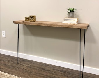 Narrow Pine Console Table with Hairpin Legs, Farmhouse Rustic Entryway Bench