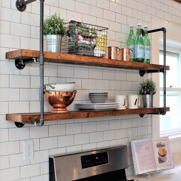 Rustic Farmhouse Floating Shelf, Industrial Pipe Shelving Unit