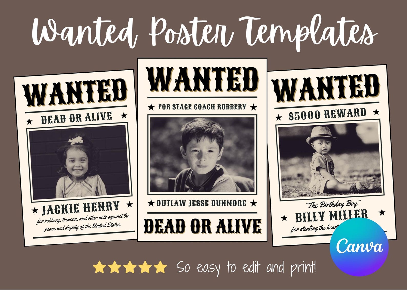 Wanted Sign Posters Canva Template Printable Custom Editable Outlaw