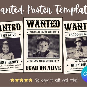 Wollte Schild Poster Canva Vorlage | Druckbare benutzerdefinierte editierbare Outlaw Wilder Westen Party Decor Wollte Schild Cowboy Cowgirl A4 8.5x11 3: 4 Poster