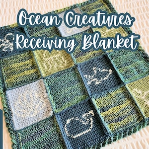 Patrón de crochet para manta de recepción de bebé con criaturas del océano / Gráfico de tapiz Graphghan Gráfico de animales marinos Tiburón Tortuga Peces Cuadrados de abuela para guardería