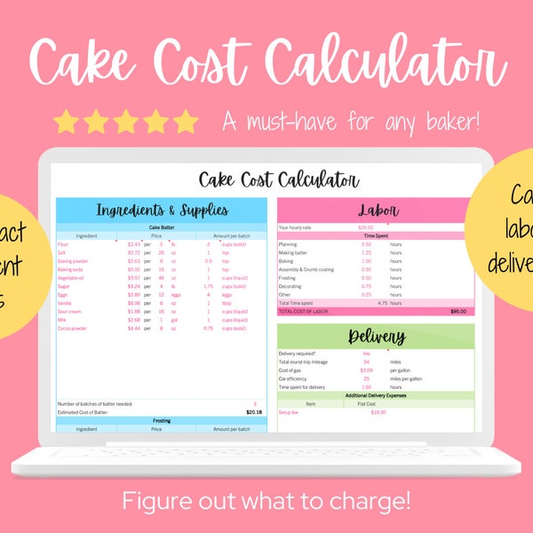 Cake Cost Calculator | Home Bakery Excel Spreadsheet Template Baker Tool Wedding Price Recipe Baked Goods Pricing Production Google Sheets