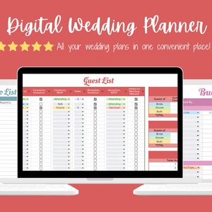 May include: A digital wedding planner with three sections: To Do List, Guest List, and Budget. The planner is displayed on a laptop computer with a white background.
