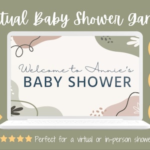 May include: A laptop screen displaying a virtual baby shower invitation with a modern, gender-neutral color scheme. The invitation features abstract shapes in shades of pink, green, and brown, with the text "Welcome to Annie's BABY SHOWER".