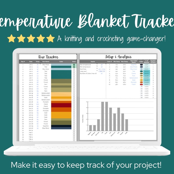 Temperature Blanket Tracker | Weather Blanket Crochet Knit Spreadsheet Template Google Sheets Chart Log Project Tool Record Yarn Digital