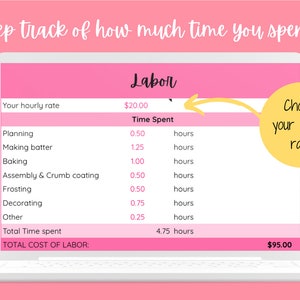 May include: A pink laptop screen shows a time tracking spreadsheet for labor costs. The spreadsheet includes a list of tasks, time spent on each task, and a total cost of labor. The text on the screen reads "Labor", "Your hourly rate", "$20.00", "Time Spent", "Planning", "0.50 hours", "Making batter", "1.25 hours", "Baking", "1.00 hours", "Assembly & Crumb coating", "0.50 hours", "Frosting", "0.50 hours", "Decorating", "0.75 hours", "Other", "0.25 hours", "Total Time spent", "4.75 hours", "TOTAL COST OF LABOR:", "$95.00". A yellow circle with the text "Choose your hourly rate!" is in the upper right corner of the screen.