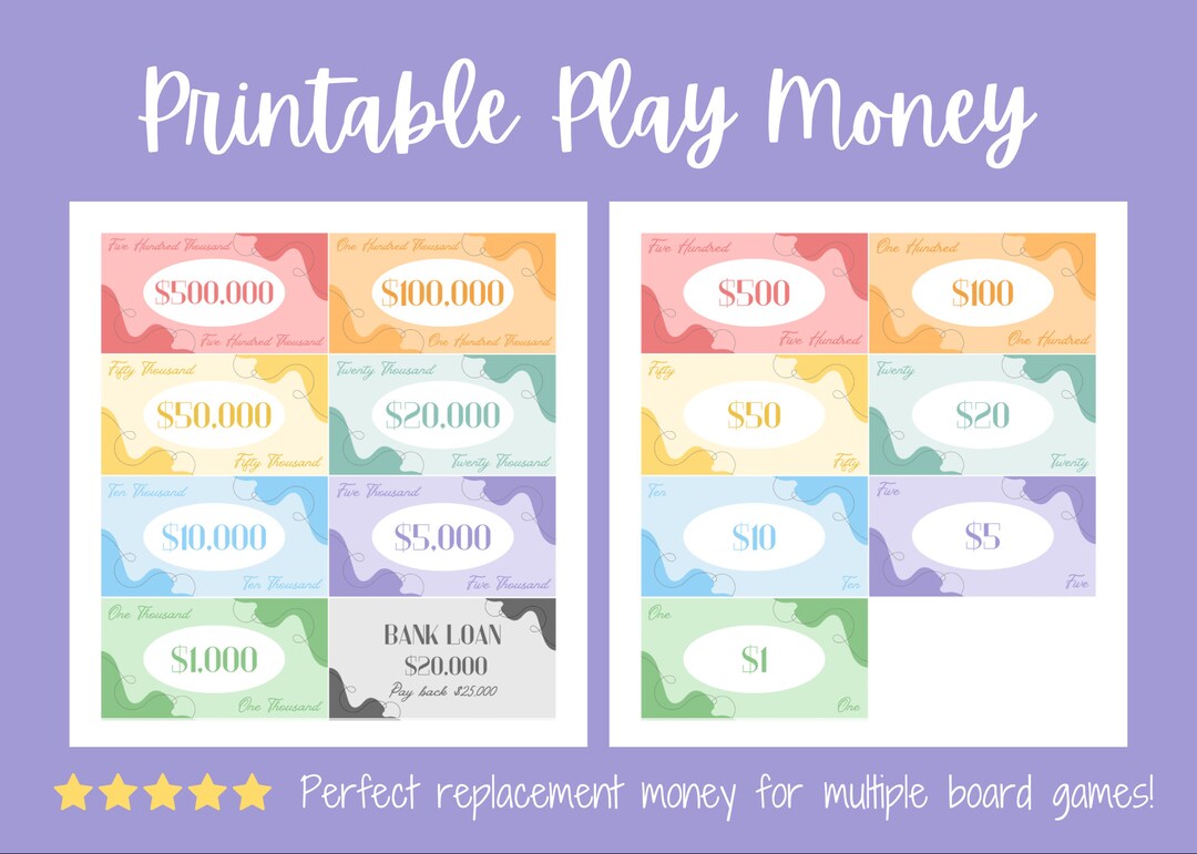 Printable Play Money | Board Game Replacement Cash Bills Hundreds