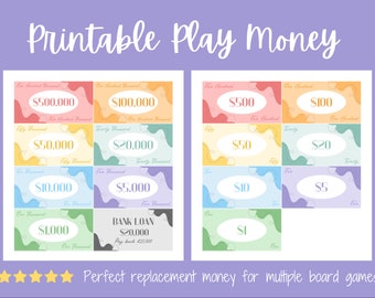 Printable Play Money | Board Game Replacement Cash Bills Hundreds Thousands Bank Loan Certificate Dollar Modern Aesthetic Double Sided Print
