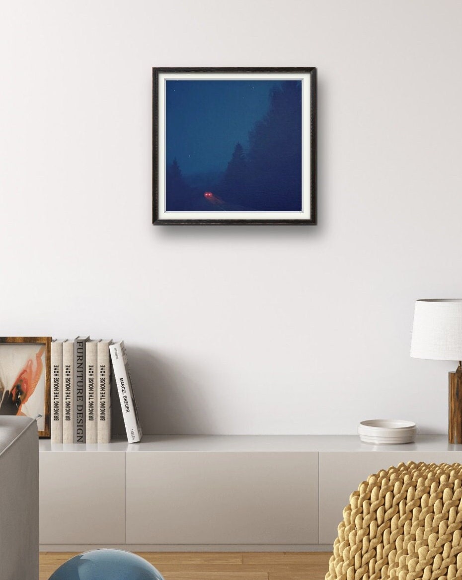 Original Art Print, Acrylic Painting Headlights in Moody Scenery 1010