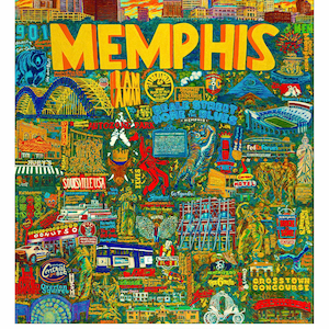May include: A colorful Memphis, Tennessee art print featuring the city's landmarks and attractions. The word "MEMPHIS" is prominently displayed in large yellow letters. The artwork includes illustrations of Beale Street, the Orpheum, and the FedEx Forum.