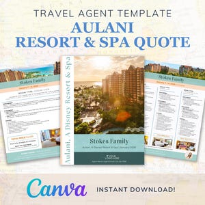 Puede incluir: Una plantilla de presupuesto de agente de viajes para Aulani, un resort y spa de Disney. La plantilla está diseñada para la familia Stokes e incluye una foto del resort. El presupuesto incluye el tipo de habitación, el precio total y otros detalles.