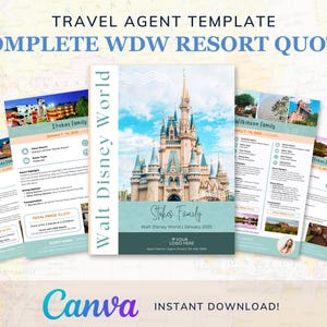 May include: A printable travel agent template for Walt Disney World resort quotes. The template features a light blue and white color scheme with a picture of Cinderella's Castle. The text "Stokes Family" is written in a cursive font. The text "Walt Disney World | January 2025" is written in a sans-serif font. The text "YOUR LOGO HERE" is written in a sans-serif font.