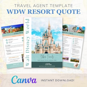 以下が含まれることがあります： ウォルトディズニーワールドリゾートの引用のための印刷可能な旅行代理店テンプレート。テンプレートにはシンデレラ城の写真が掲載されており、顧客の名前、旅行の日付、サービスのリストを記入するスペースがあります。テンプレートはCanvaで使用するために設計されています。