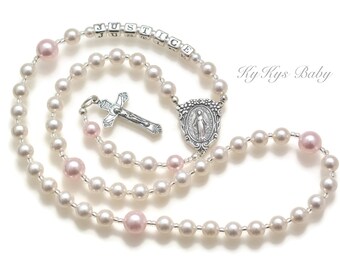 Baby Rosary Necklace ~ Baptism Rosary ~ Personalized Rosary with Name ~ Baptism Gift ~ Pearl Rosary Necklace ~ FREE Gift Box ~ Baby Rosary