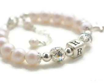 Christening Gifts for Girls Bracelet, Personalized Baptism Gifts, Pearl Cross Bracelet, Religious Baby Bracelets, Baby Initial Bracelet