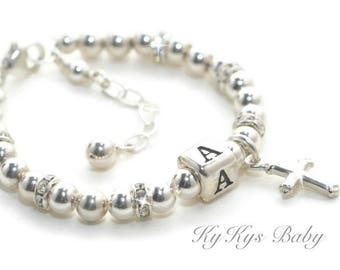 Baptism Gift Baby Bracelet Sterling Silver Personalized Baptism Bracelet Christening Bracelet Beaded Baby Bracelet Cross Charm Bracelet