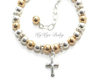 Baptism Bracelet Boy Baptism Gift Sterling Silver 14k Gold Filled Baby Boy Baptism Gift Boy Christening Gift Silver and Gold Cross Bracelet
