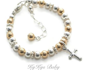 Baptism Bracelet Sterling Silver 14k Gold Filled Baptism Bracelet Baptism Gift Baby Girl Baptism Gift Boy Silver and Gold Cross Bracelet