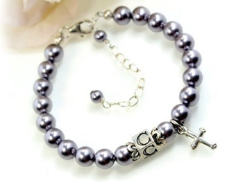 Baby Bracelet, Baby Boy Baptism Gift, Christening Gifts, Cross Bracelet, Personalized Baptism Gift, Pearl Baby Bracelet with Initial