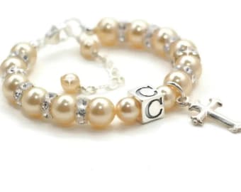 Pearl Baptism Bracelet Baby Girl Initial Bracelet Cross Bracelet Baptism Gift, Christening Gift Little Girl Bracelet Personalized