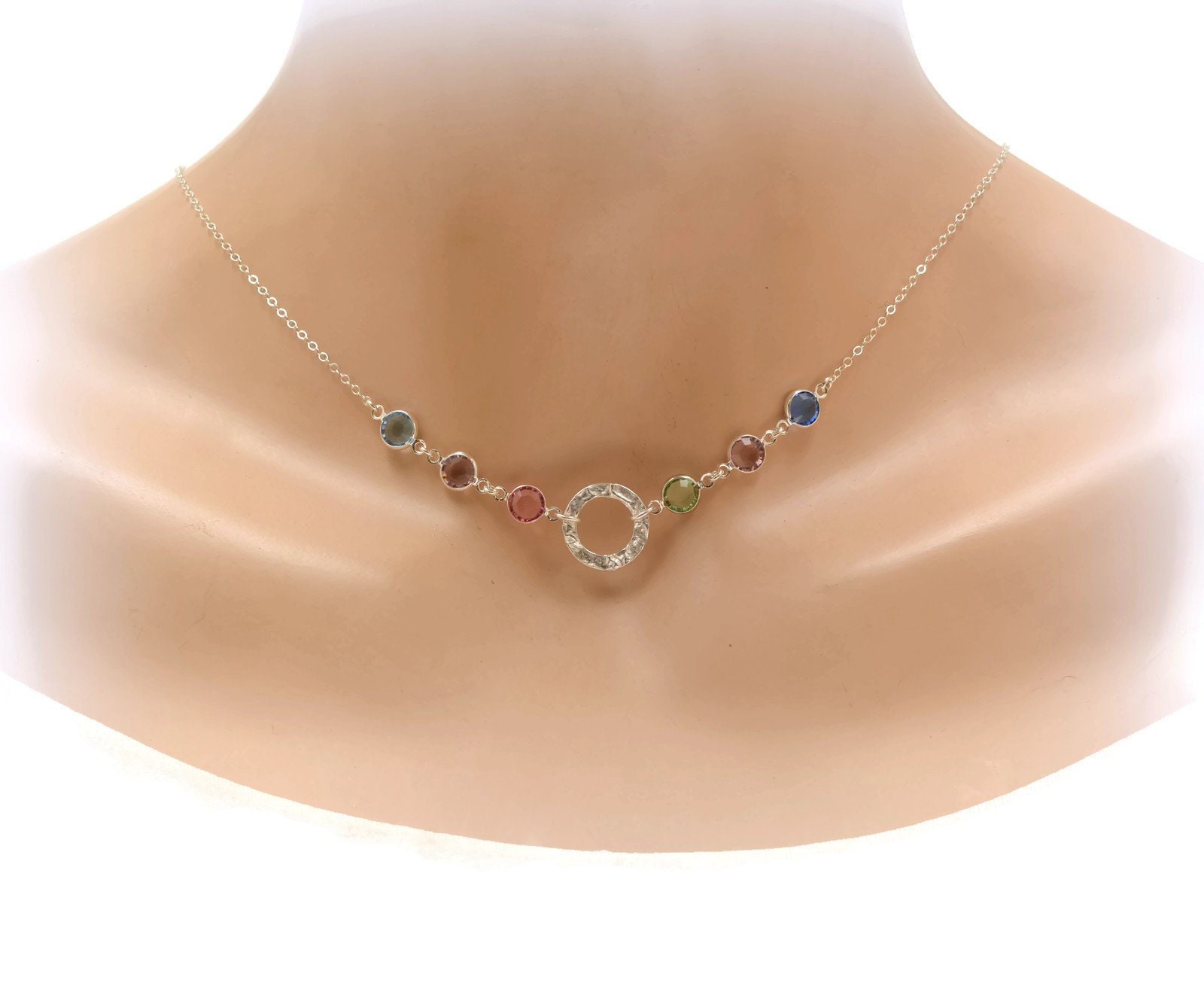 Birthstone Necklace for Mom Sterling Silver Circle Necklace Etsy