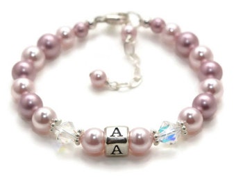 Initial Bracelet Pink Baby Bracelet Personalized Baby Gifts Little Girls Pink Pearl Bracelet Sterling Silver Pink Bracelet New Baby Gift