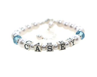 Personalized Sterling Silver Baby Name Bracelet with Birthstone,  Little Girl Birthday Gift, Toddler Jewelry
