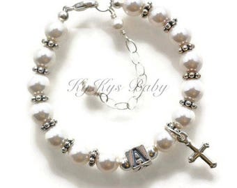Personalized Baby Boy Baptism Bracelet, Sterling Silver Cross & Initial