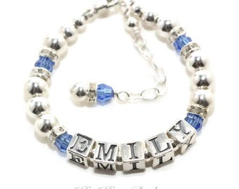 Sterling Silver Name Bracelet ~ Childrens Birthstone Keepsake Jewelry - Personalized Baby Bracelet -  Little Girl Toddler Gift