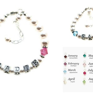 Baby Name Bracelet Birthstone Bracelet for Baby, Little Girl Birthday Gift, Personalized Baby Bracelet, Pearl Toddler Bracelet with Name