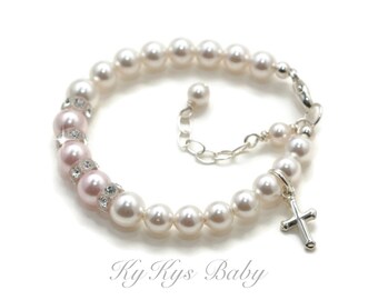 Baby Cross Bracelet ~ Baptism Bracelet ~ Christian Baby Bracelet ~ Pearl Baby Bracelet ~ Baby Girl Baptism Gift ~ Religious Baby Jewelry
