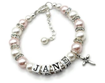 Pink Pearl Baby Bracelet with Name Cross Charm, Custom Personalized Baptism Gift for Baby Girl, Christening First Communion, Toddler Jewelry