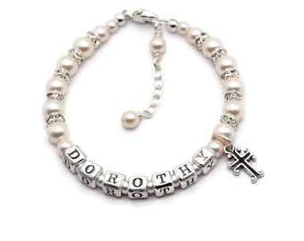 Personalized Baptism Bracelet, Swarovski® Pearls, Name Bracelet, Sterling Silver Cross, Christening Gift