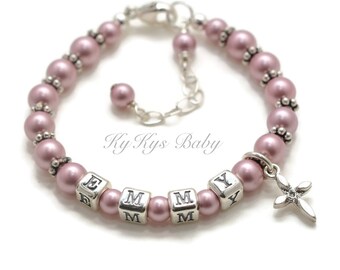 Christening Gifts for Girls Cross Bracelet Baby Girl Baptism Bracelet Pearl Baby Bracelet Baby Name Bracelet Confirmation Gifts for Girls