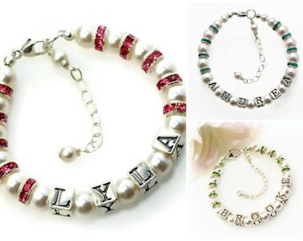 Birthstone Bracelet for Little Girl Jewelry Baby Bracelet With Name Personalized Bracelet Girl Birthday Gift Sterling Silver Pearl Bracelet