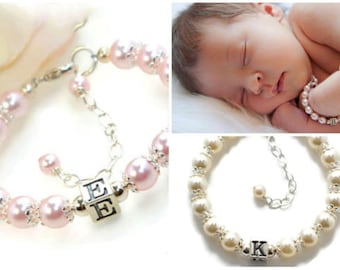Little Girl Bracelet Personalized Baby Bracelet - Pearl and Silver - Toddler Bracelet with Initial- Newborn Jewelry - Granddaughter Gift