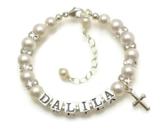 Personalized Baby Bracelet, Goddaughter Gift from Godparent, Sterling Silver Name, Pearls, Christening, Baptism Jewellery